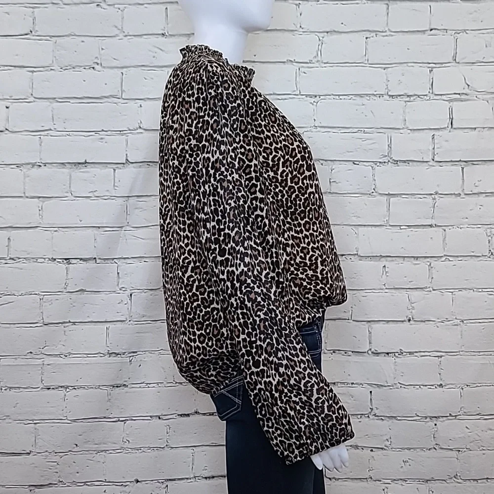 J Crew Long Sleeve Leopard Smocked Mock Neck Blouse/Shirt in Brown/Black - NWT